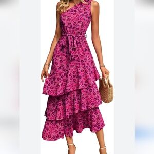 PrettyGarden Floral Pink Ruffle Maxi Dress